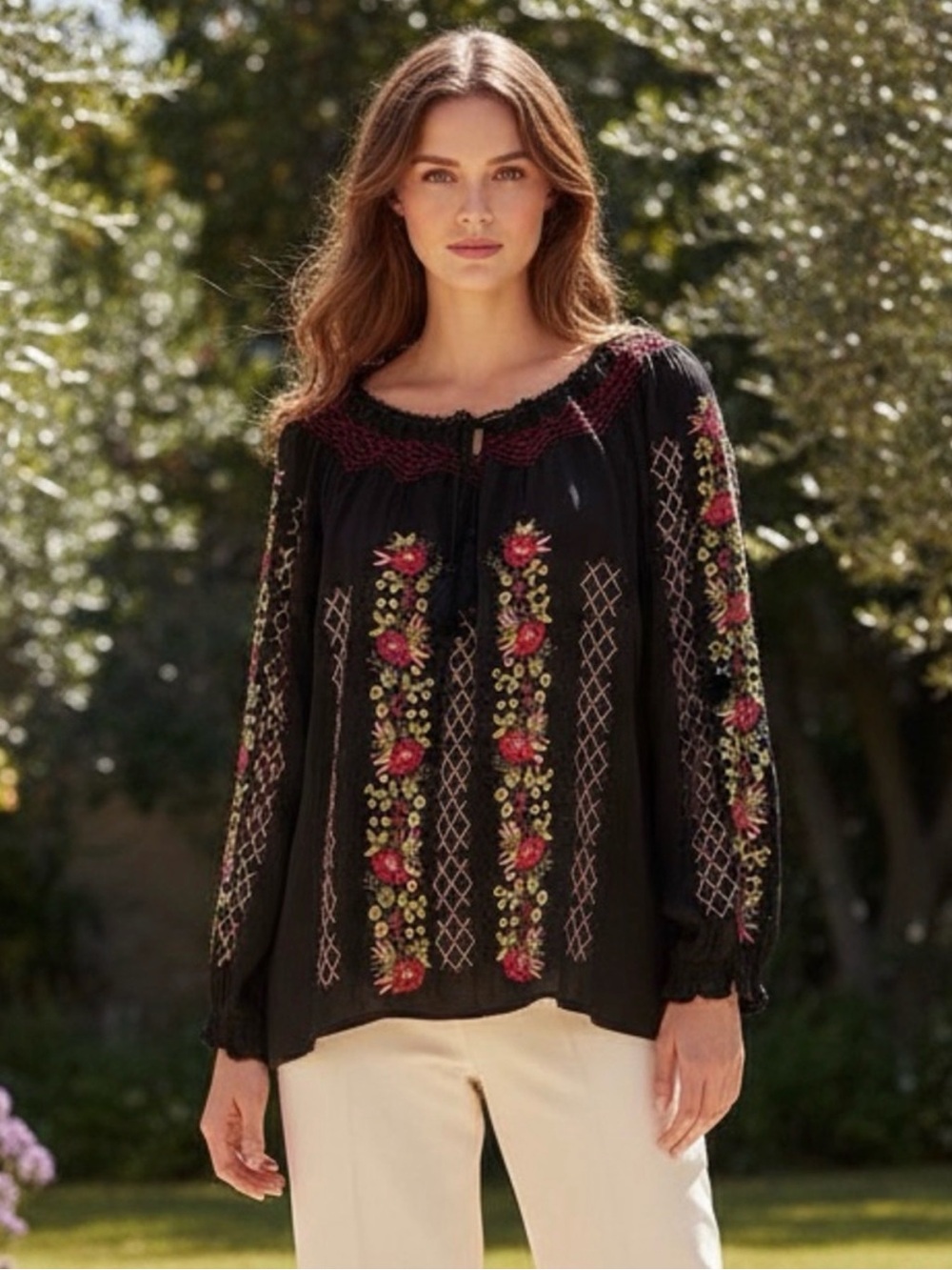 J.Jill Blouse Black Embroidered Peasant Top Size XLarge Bohemian Romantic - Picture 10 of 10